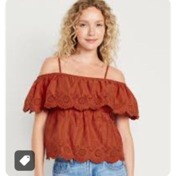 Old Navy Tops - NWT Old Navy Off-Shoulder Cutwork Eyelet Top Boho Peasant Bronzed Amber Rust 3X